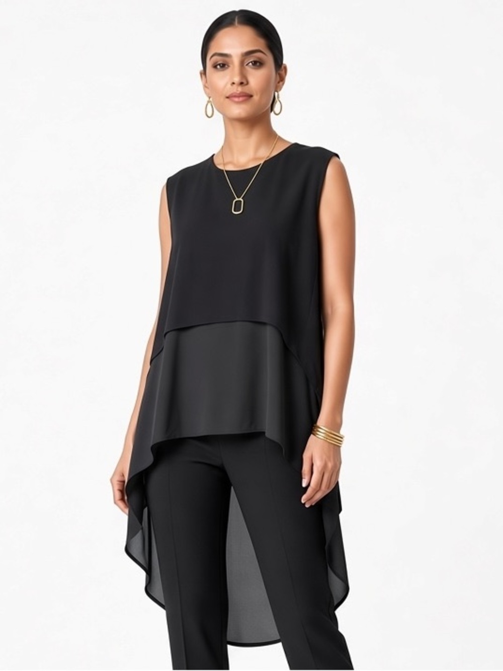 Vince Camuto Women Blouse Sleeveless Layered Viscose High Low Black Size M